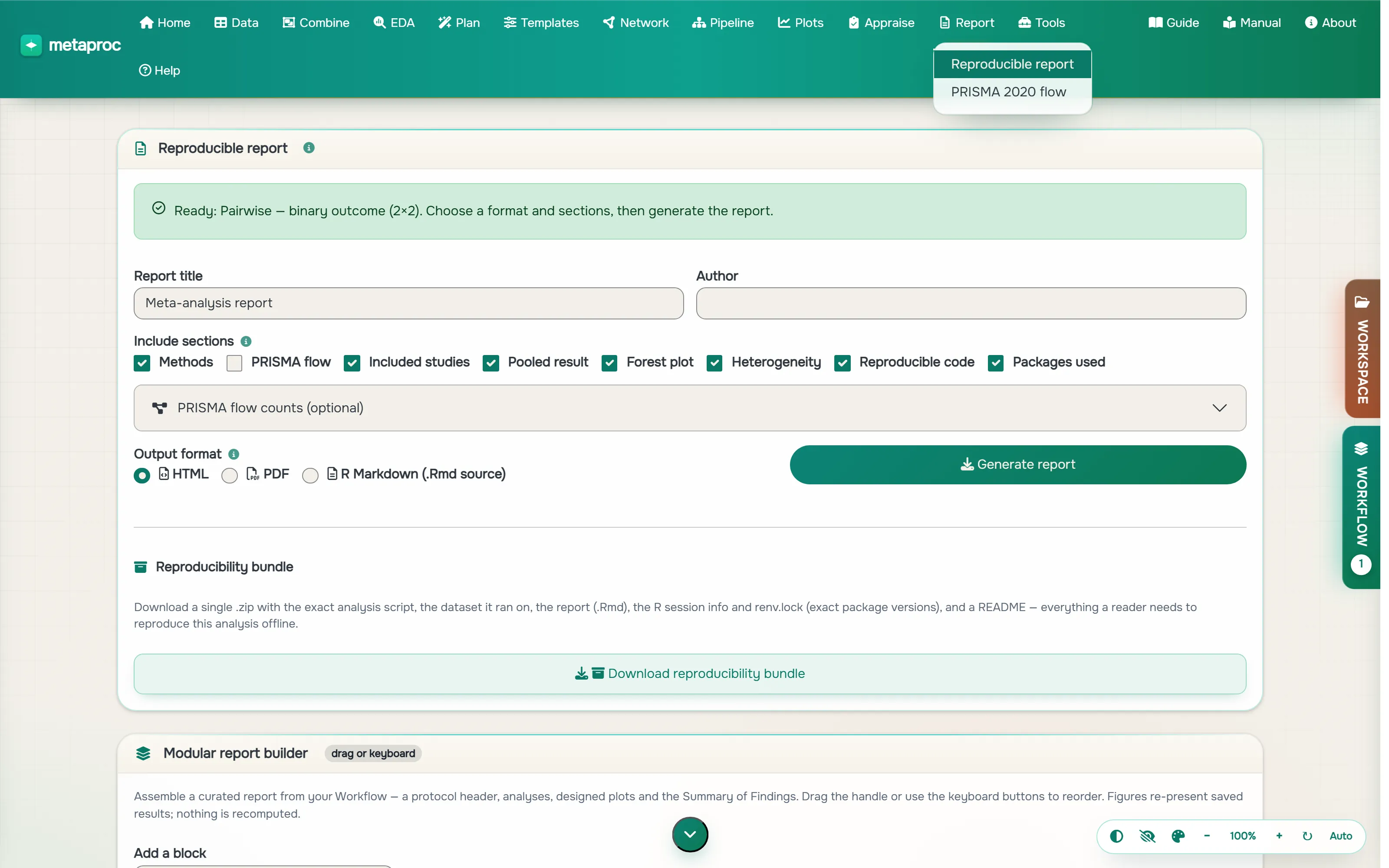 Reproducible report builder with checkboxes for methods, PRISMA flow, included studies, pooled result, forest plot, heterogeneity, reproducible code and packages used, plus HTML, PDF and R Markdown output formats.